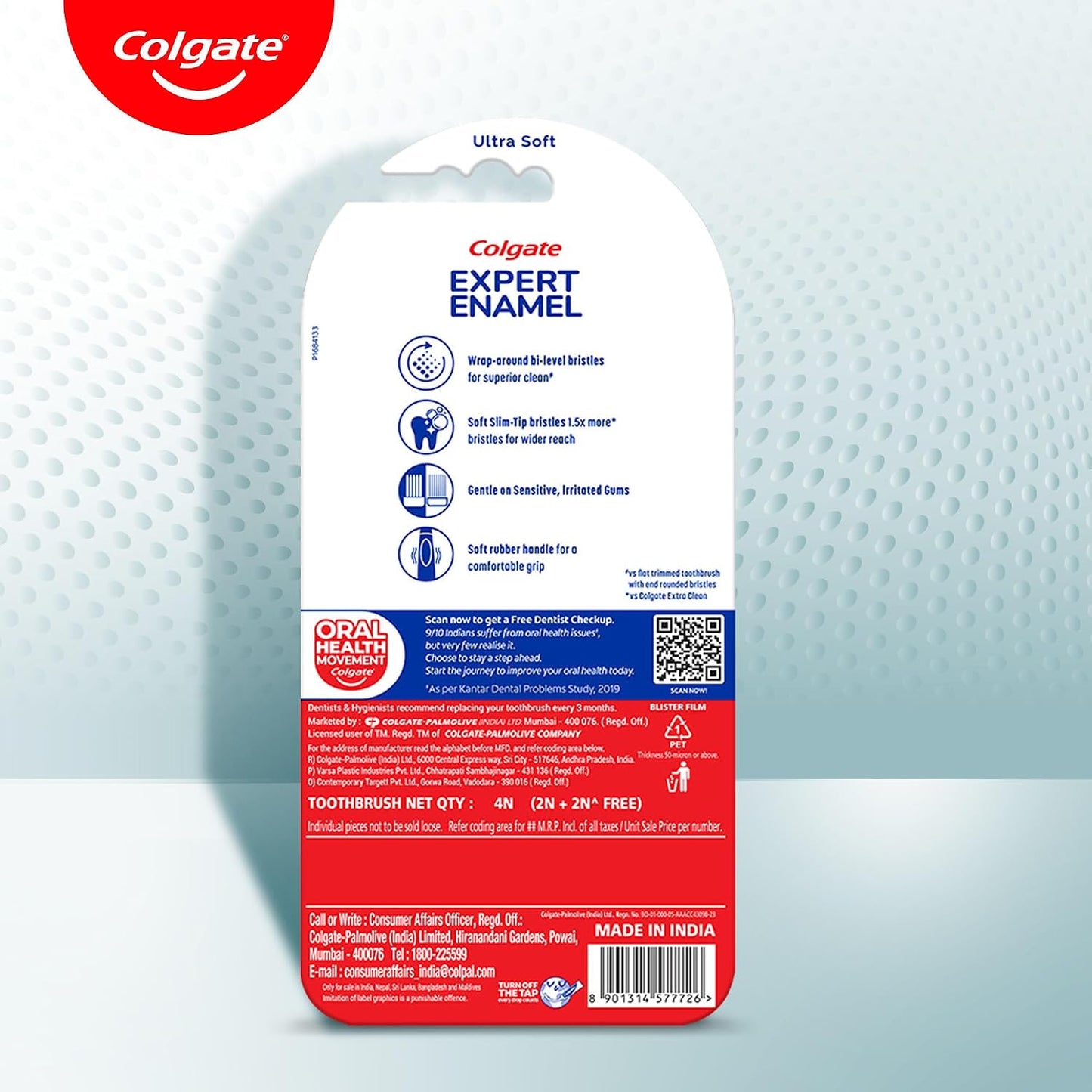 Colgate Gentle Enamel Ultra Soft Bristles Manual Toothbrush for adults, 4 Pcs (Buy2 Get 2), Soft Bristles for Enamel Care,Multicolor