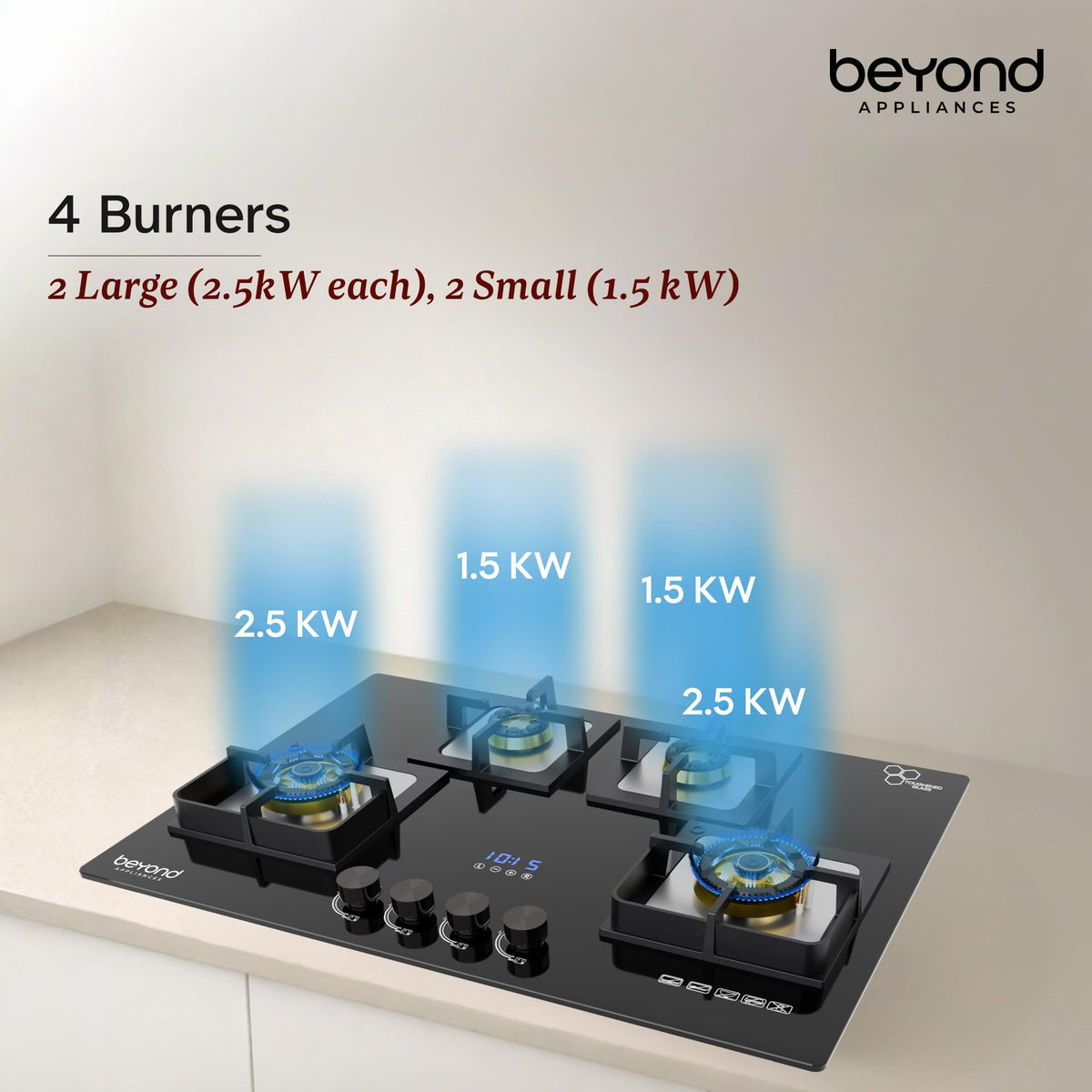 Beyond Appliances Altair 4 Burner Smart Glass Hobtop Gas Stove | Auto Ignition | Digital Timer | Flame Failure Device | Jumbo Burner | Toughened Glass | LPG & PNG Compatible