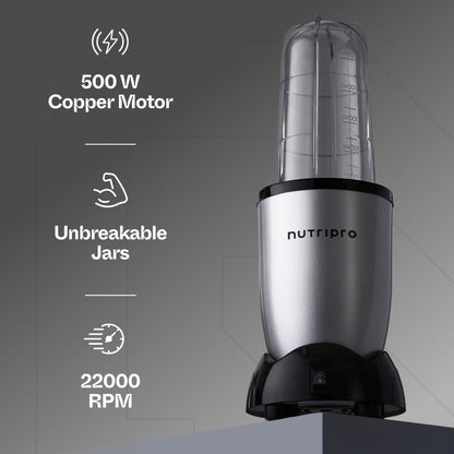 NutriPro Juicer Mixer Grinder - Smoothie Maker - 500 Watts (2 Jars & 1 Blade, Silver) - 2 Year Warranty