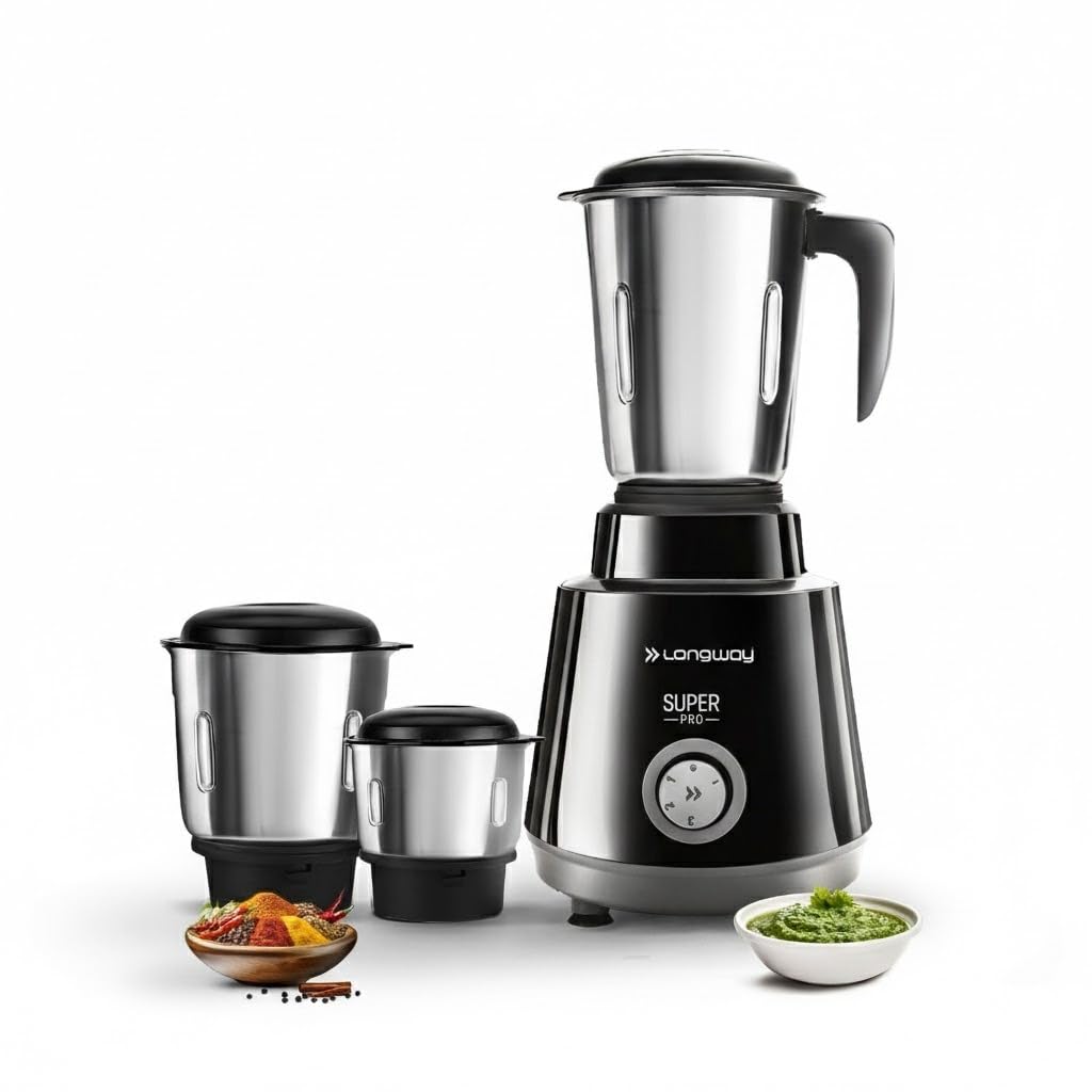 Longway Super Pro Juicer Mixer Grinder | Up to 750W Max Output Powerful Motor | 4 Jars for Grinding, Mixing, Juicing | 2 Years Warranty (Blue & Black)
