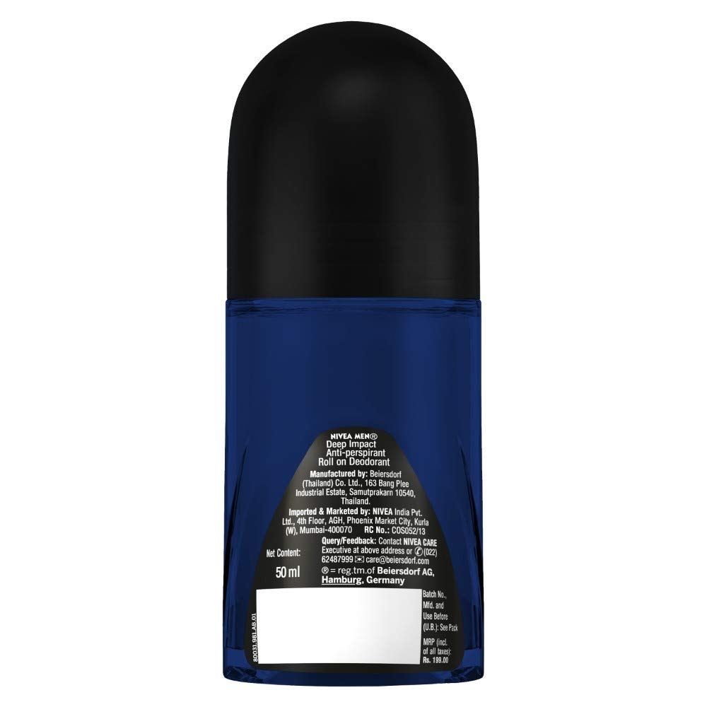 NIVEA MEN Deep Impact Freshness Underarm Roll On Deodorant for Men with Black Carbon | Long Lasting Antiperspirant Roll On for Body Odour Control | Alcohol Free Underarm Deodorant Roll On 50ml