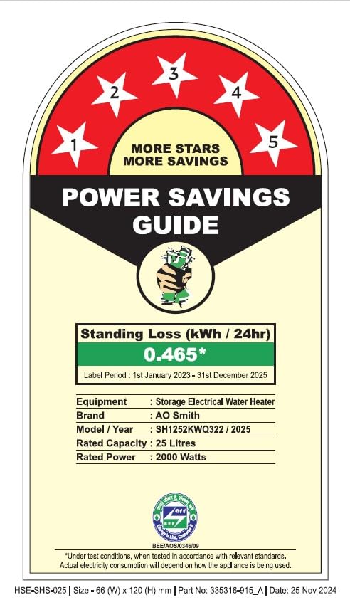 AO Smith Geyser 25 Litre 5 Star Rating (BEE) | Powerful 2KW Heating | Storage Water Heater With 2X Corrosion Resistant Blue Diamond Glass Tank | Warranty: 5 Yr Tank, 2 Yr Comprehensive | HSE-SHS-025