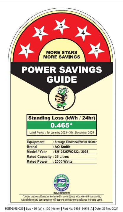 AO Smith Geyser 25 Litre 5 Star Rating (BEE) | Powerful 2KW Heating | Storage Water Heater With 2X Corrosion Resistant Blue Diamond Glass Tank | Warranty: 5 Yr Tank, 2 Yr Comprehensive | HSE-SHS-025
