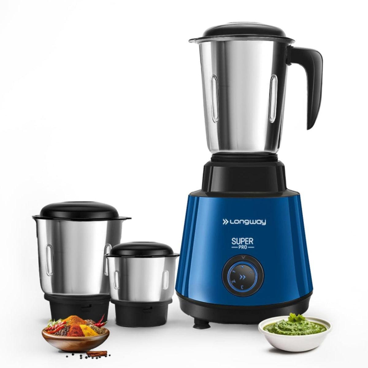 Longway Super Pro Juicer Mixer Grinder | Up to 750W Max Output Powerful Motor | 4 Jars for Grinding, Mixing, Juicing | 2 Years Warranty (Blue & Black)