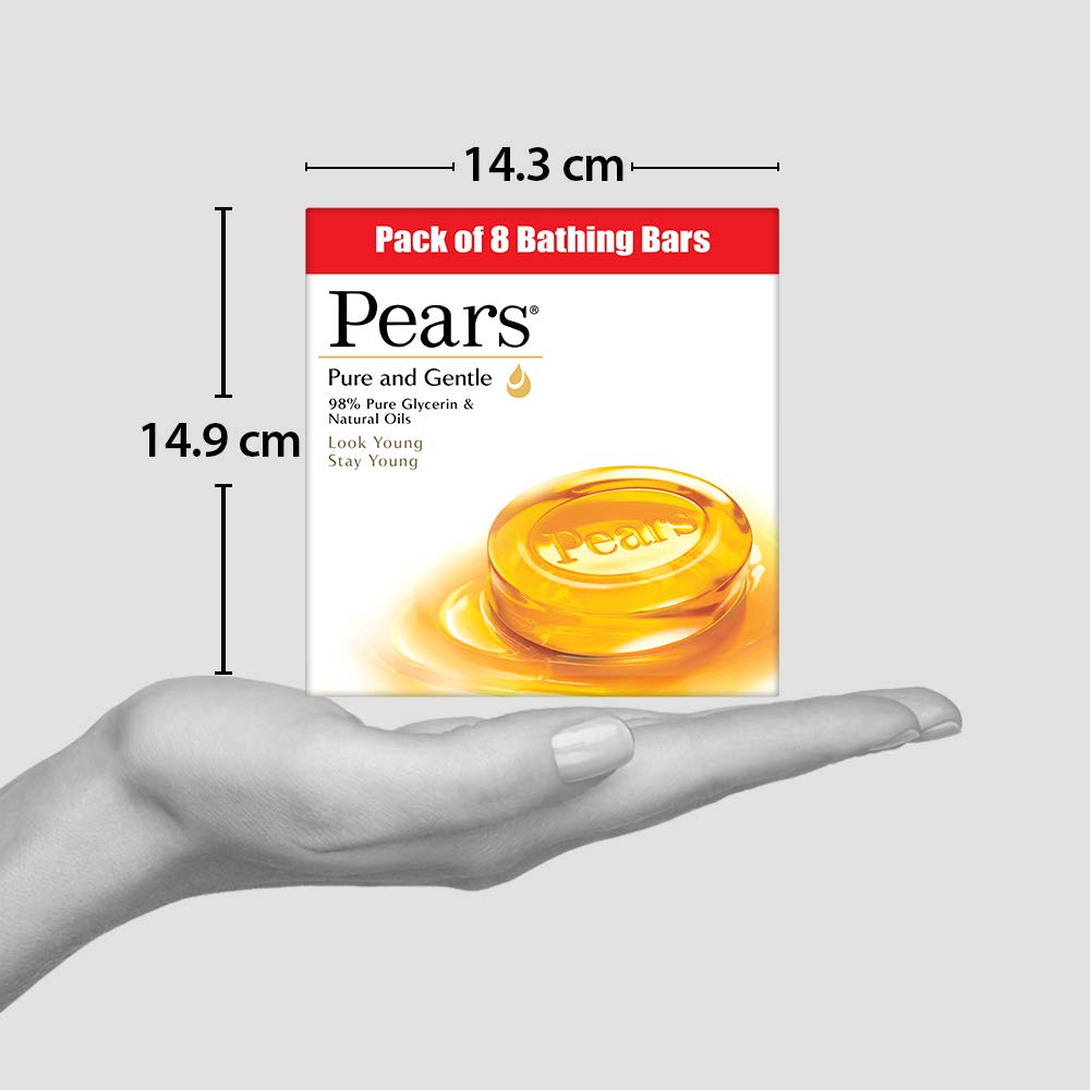 Pears Original Glycerin Soap Bar - Pure & Gentle Glow | With 98% Pure Glycerin | For Hydration & Glow | With Plant Based Cleanser for Skin & Body | Paraben-free | 125gms x 8