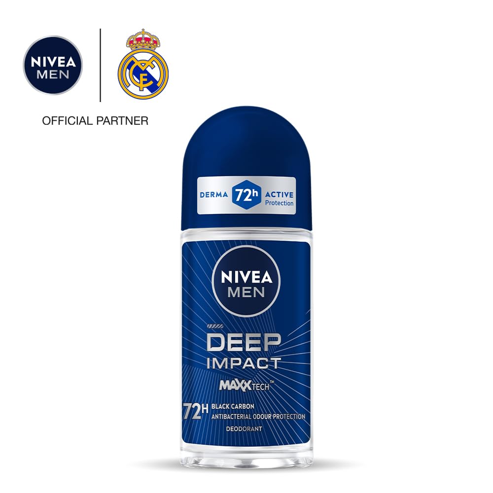 NIVEA MEN Deep Impact Freshness Underarm Roll On Deodorant for Men with Black Carbon | Long Lasting Antiperspirant Roll On for Body Odour Control | Alcohol Free Underarm Deodorant Roll On 50ml