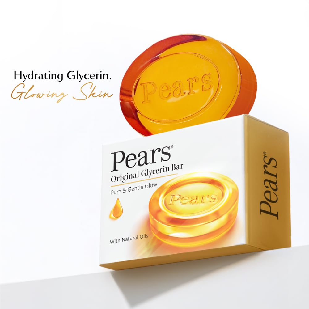 Pears Original Glycerin Soap Bar - Pure & Gentle Glow | With 98% Pure Glycerin | For Hydration & Glow | With Plant Based Cleanser for Skin & Body | Paraben-free | 125gms x 8