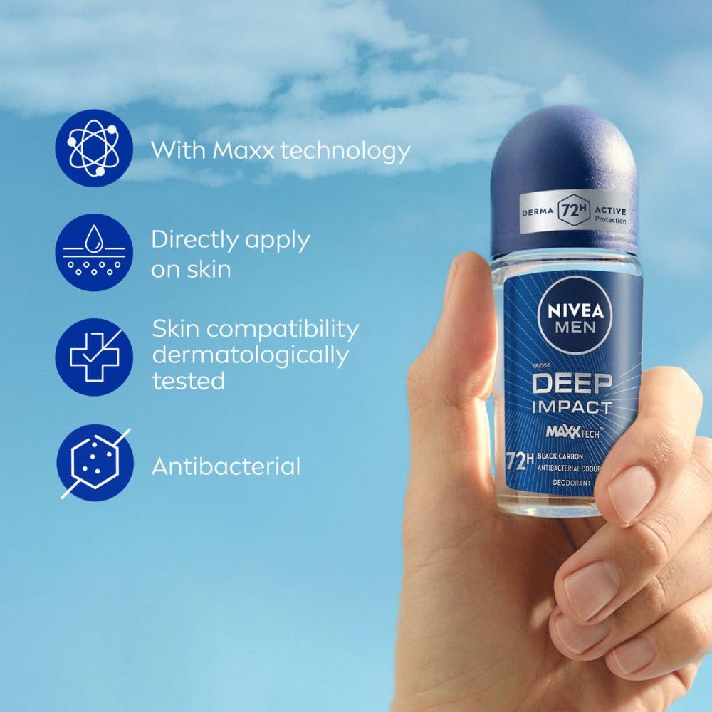 NIVEA MEN Deep Impact Freshness Underarm Roll On Deodorant for Men with Black Carbon | Long Lasting Antiperspirant Roll On for Body Odour Control | Alcohol Free Underarm Deodorant Roll On 50ml