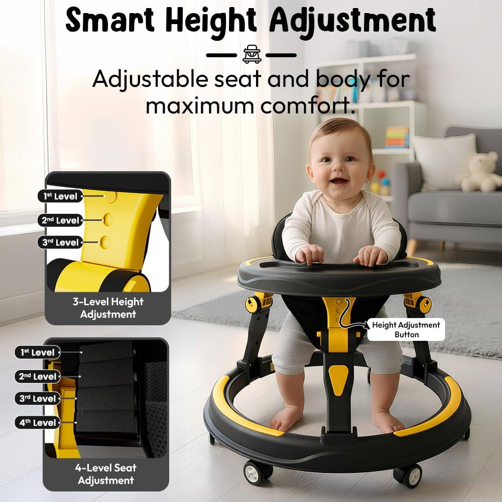 StarandDaisy Baby Walker for Babies, 6-18 Month Baby Boy & Girl, Adjustable Height Infant Learning Walker with 360° Wheels, Anti-Slip, Comfortable Padded Seat, Activity Tray, Foldable Toddler Walker (Orange-Black)