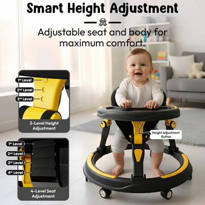 StarandDaisy Baby Walker for Babies, 6-18 Month Baby Boy & Girl, Adjustable Height Infant Learning Walker with 360° Wheels, Anti-Slip, Comfortable Padded Seat, Activity Tray, Foldable Toddler Walker (Orange-Black)