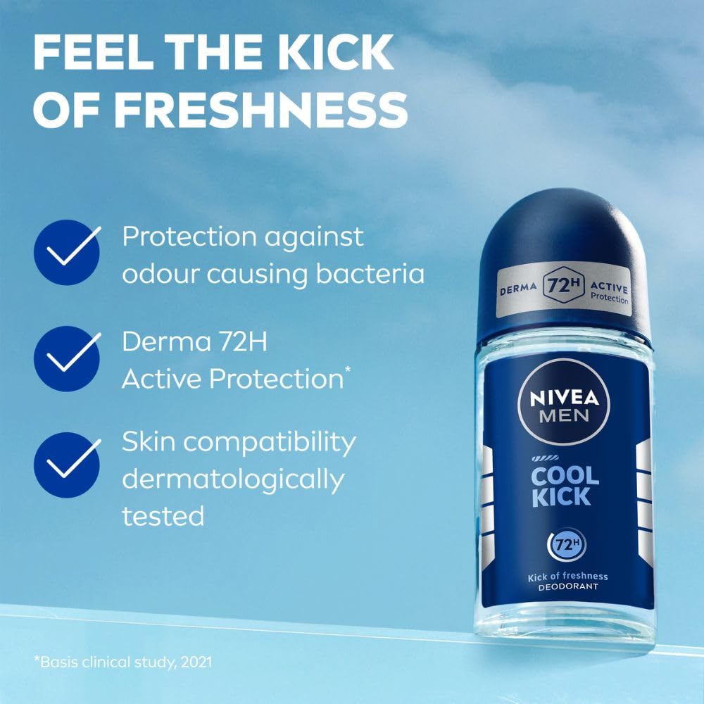 NIVEA MEN Deep Impact Freshness Underarm Roll On Deodorant for Men with Black Carbon | Long Lasting Antiperspirant Roll On for Body Odour Control | Alcohol Free Underarm Deodorant Roll On 50ml
