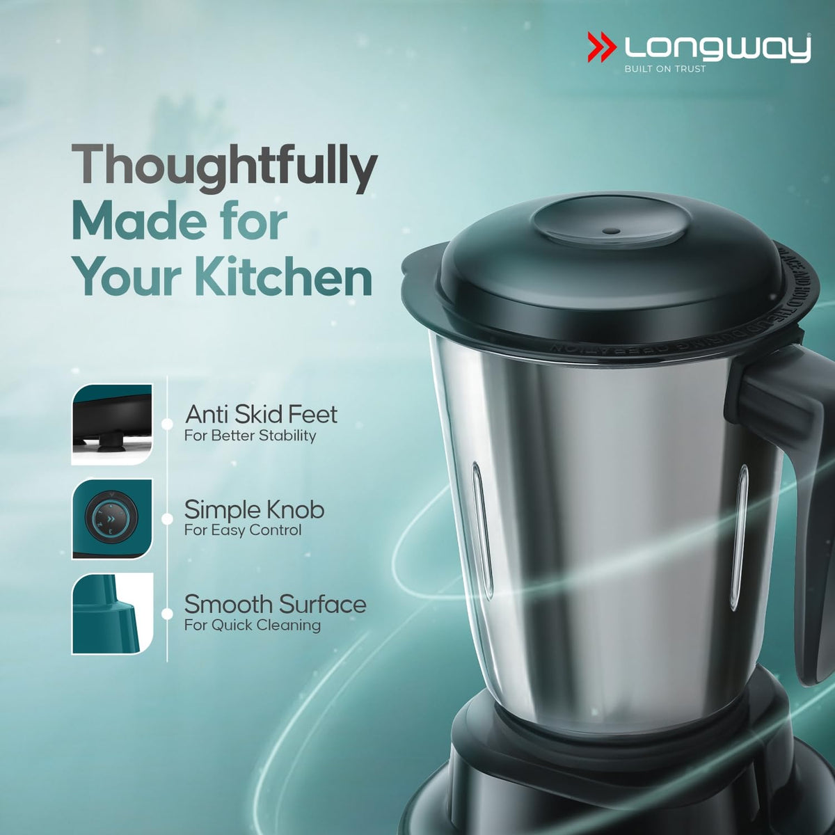 Longway Super Pro Juicer Mixer Grinder | Up to 750W Max Output Powerful Motor | 4 Jars for Grinding, Mixing, Juicing | 2 Years Warranty (Blue & Black)