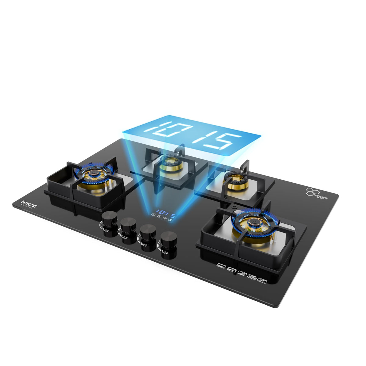 Beyond Appliances Altair 4 Burner Smart Glass Hobtop Gas Stove | Auto Ignition | Digital Timer | Flame Failure Device | Jumbo Burner | Toughened Glass | LPG & PNG Compatible