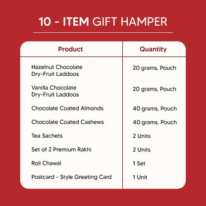 Bandhan - 10-Item Rakhi Gift Hamper for brother with set of 2 Premium Rakhis, Chocolate Coated Cashews & Almonds, Hazelnut Dry-Fruit Laddoos | Rakhi for Brother with Gift Combo Set by Eat Better Co