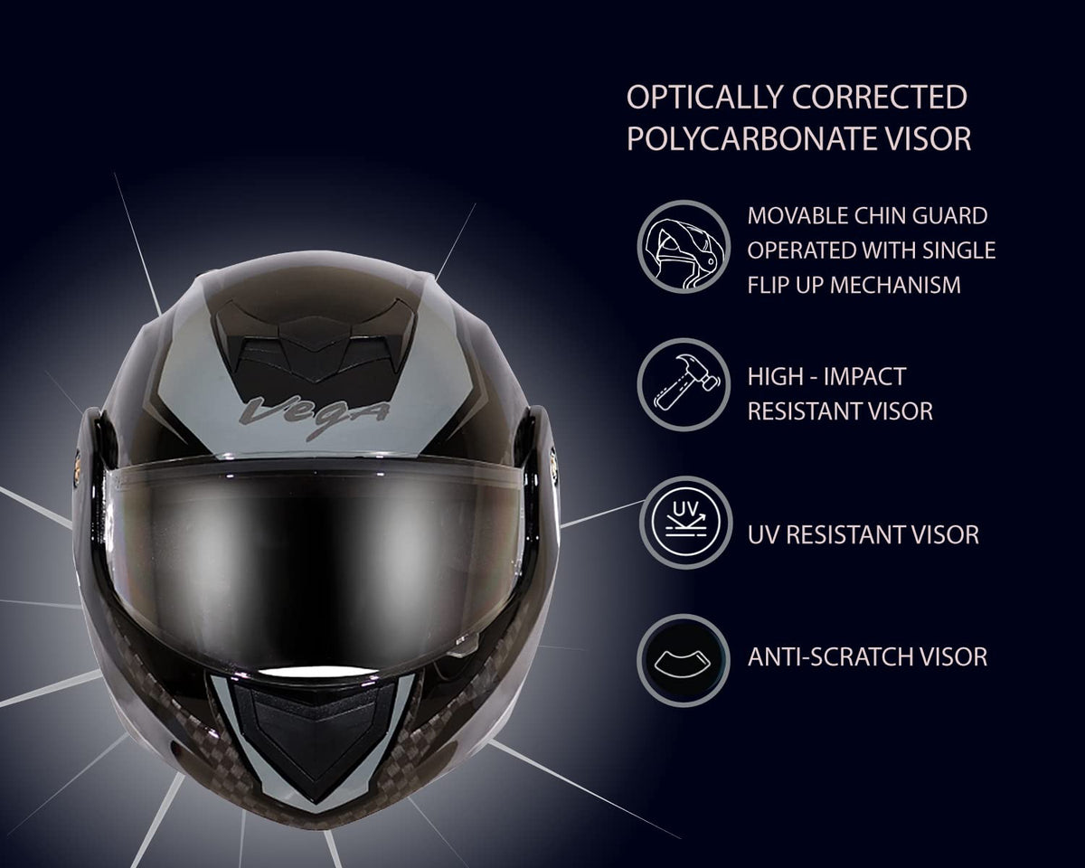 Vega Crux ISI Certified Flip-Up Helmet for Men and Women with Clear Visor(Black, Size:L)