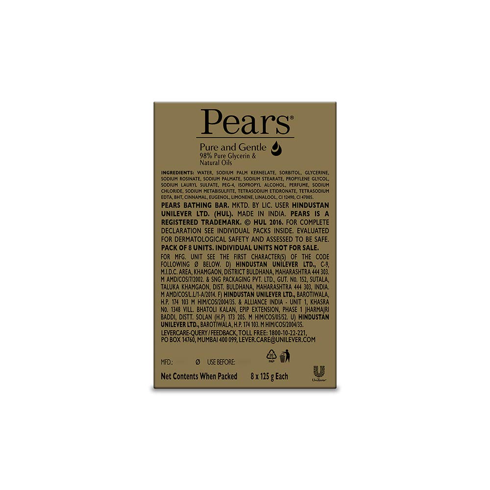 Pears Original Glycerin Soap Bar - Pure & Gentle Glow | With 98% Pure Glycerin | For Hydration & Glow | With Plant Based Cleanser for Skin & Body | Paraben-free | 125gms x 8