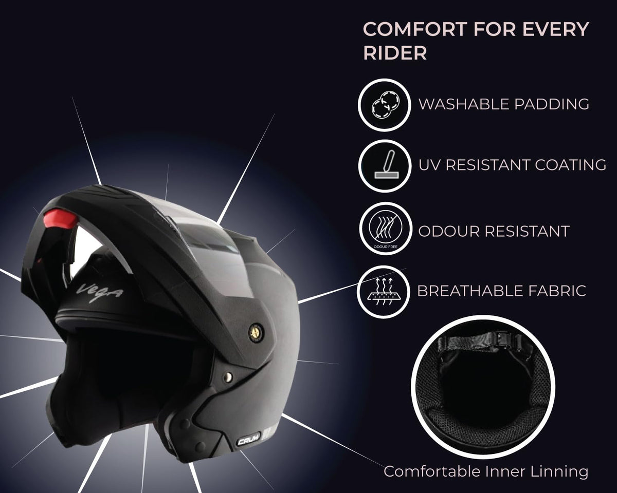 Vega Crux ISI Certified Flip-Up Helmet for Men and Women with Clear Visor(Black, Size:L)