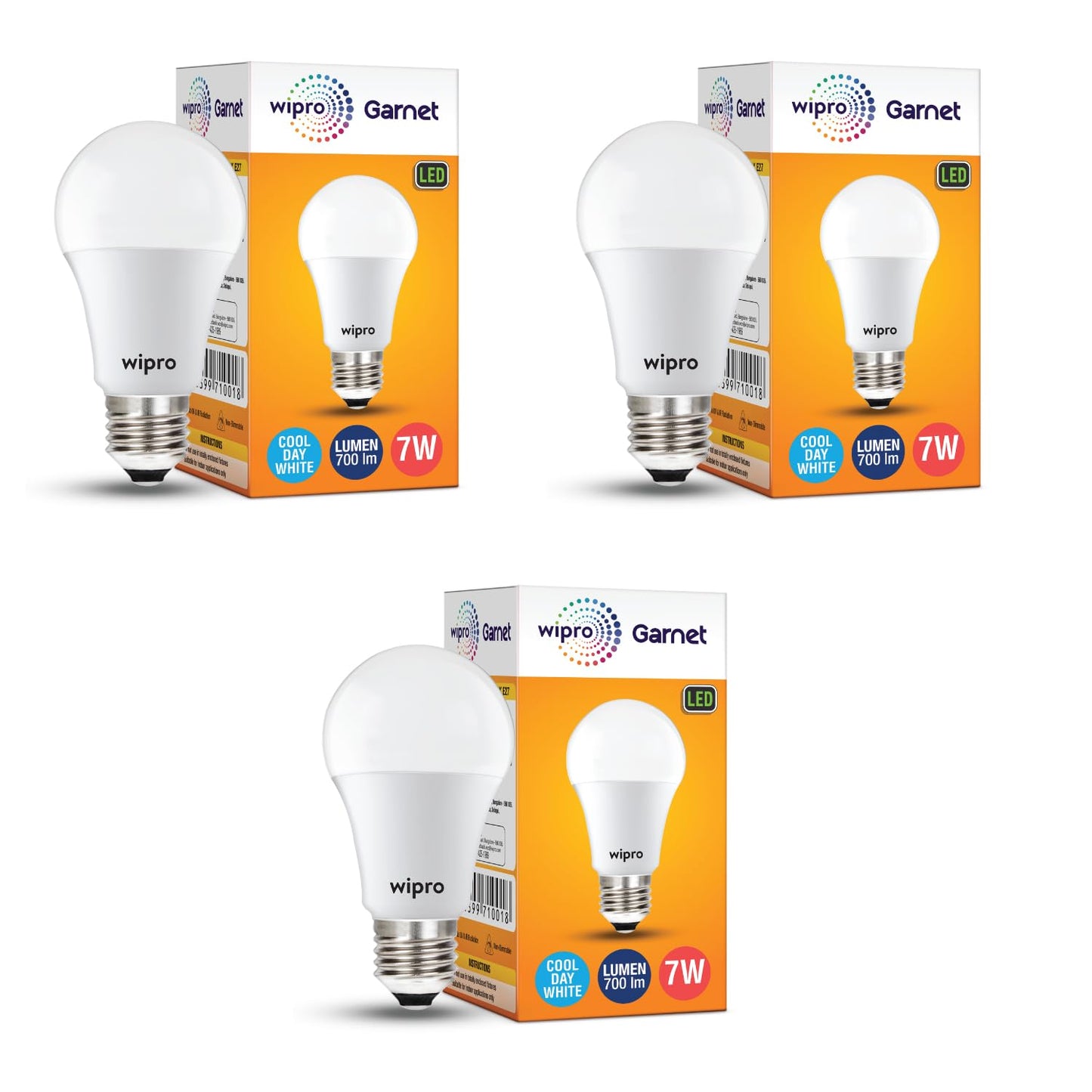 Wipro Garnet 7W LED Bulb for Home & Office |Cool Day White (6500K) | E27 Base|220 degree Light coverage |4Kv Surge Protection |400V High Voltage Protection |Energy Efficient | Pack of 3