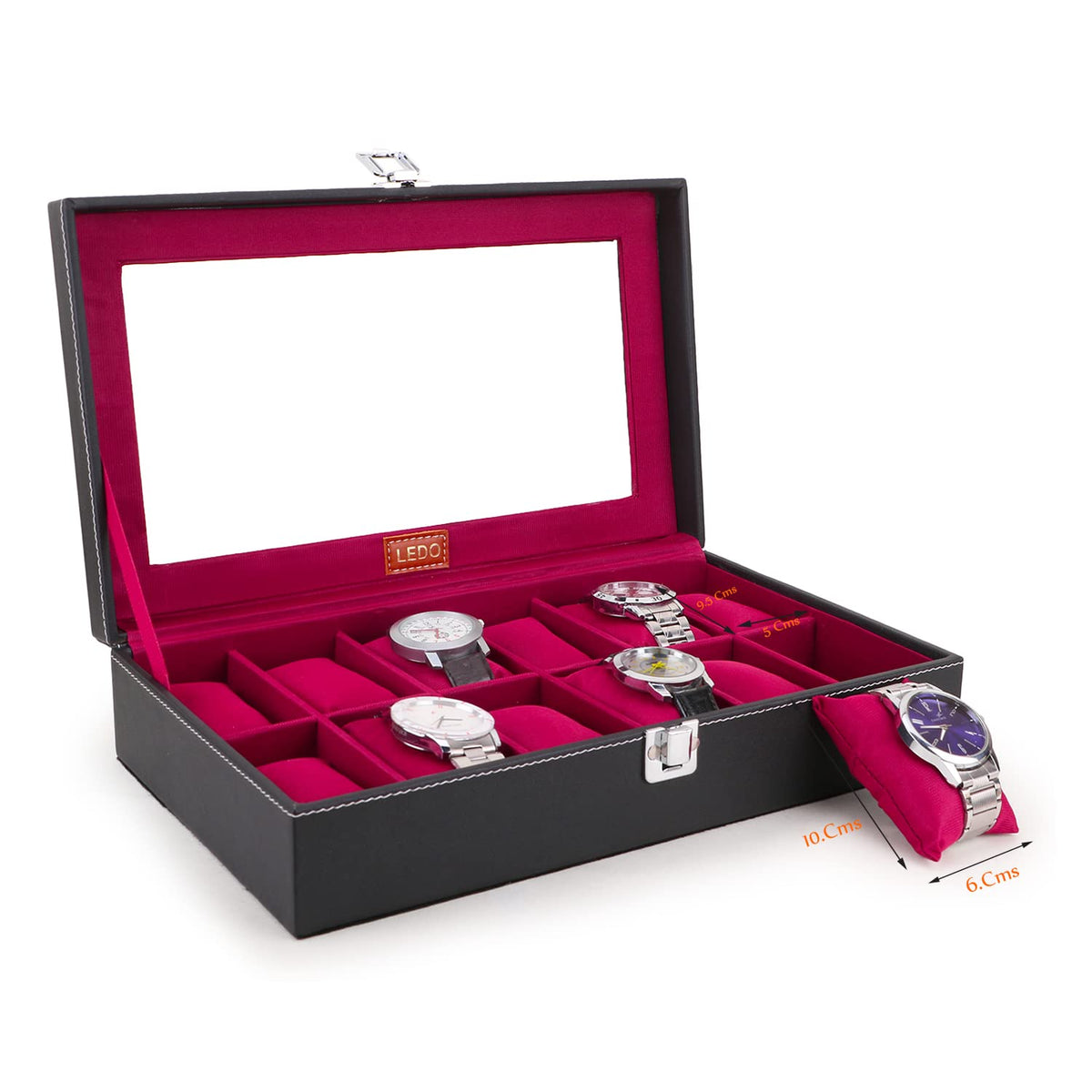 LEDO Men's and Women's Watch Box Holder Organizer Case In 12 Slots of watches In PU Leather with Black & Gray