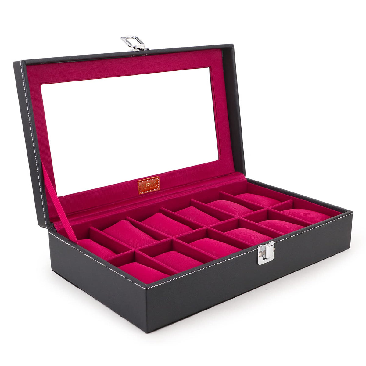 LEDO Men's and Women's Watch Box Holder Organizer Case In 12 Slots of watches In PU Leather with Black & Gray