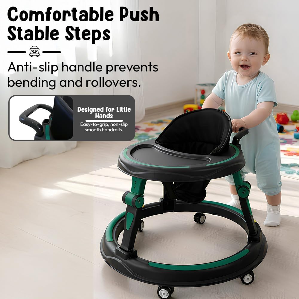 StarandDaisy Baby Walker for Babies, 6-18 Month Baby Boy & Girl, Adjustable Height Infant Learning Walker with 360° Wheels, Anti-Slip, Comfortable Padded Seat, Activity Tray, Foldable Toddler Walker (Orange-Black)