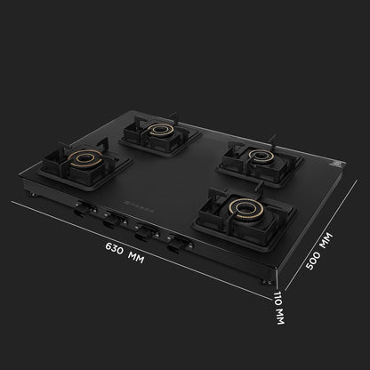 Faber Blossom Black Matt Glass Finish Cooktop| 4 Brass Burners-1Jumbo, 2Medium & 1Small |Manual Ignition | Heavy Pan Support With ABS Knobs | 5Yr Warranty on Glass & Burners by Faber| Blossom4BB BK CI