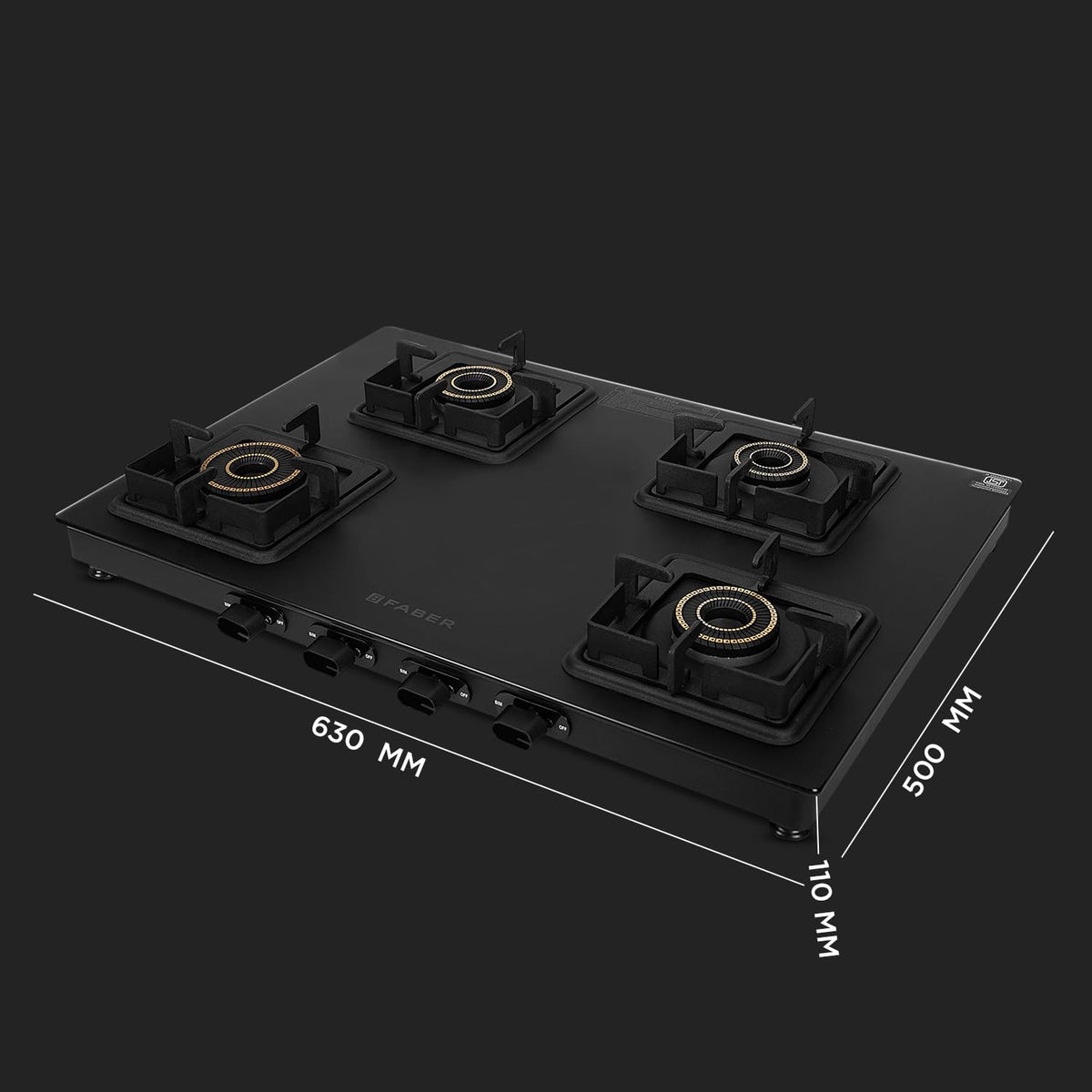 Faber Blossom Black Matt Glass Finish Cooktop| 4 Brass Burners-1Jumbo, 2Medium & 1Small |Manual Ignition | Heavy Pan Support With ABS Knobs | 5Yr Warranty on Glass & Burners by Faber| Blossom4BB BK CI