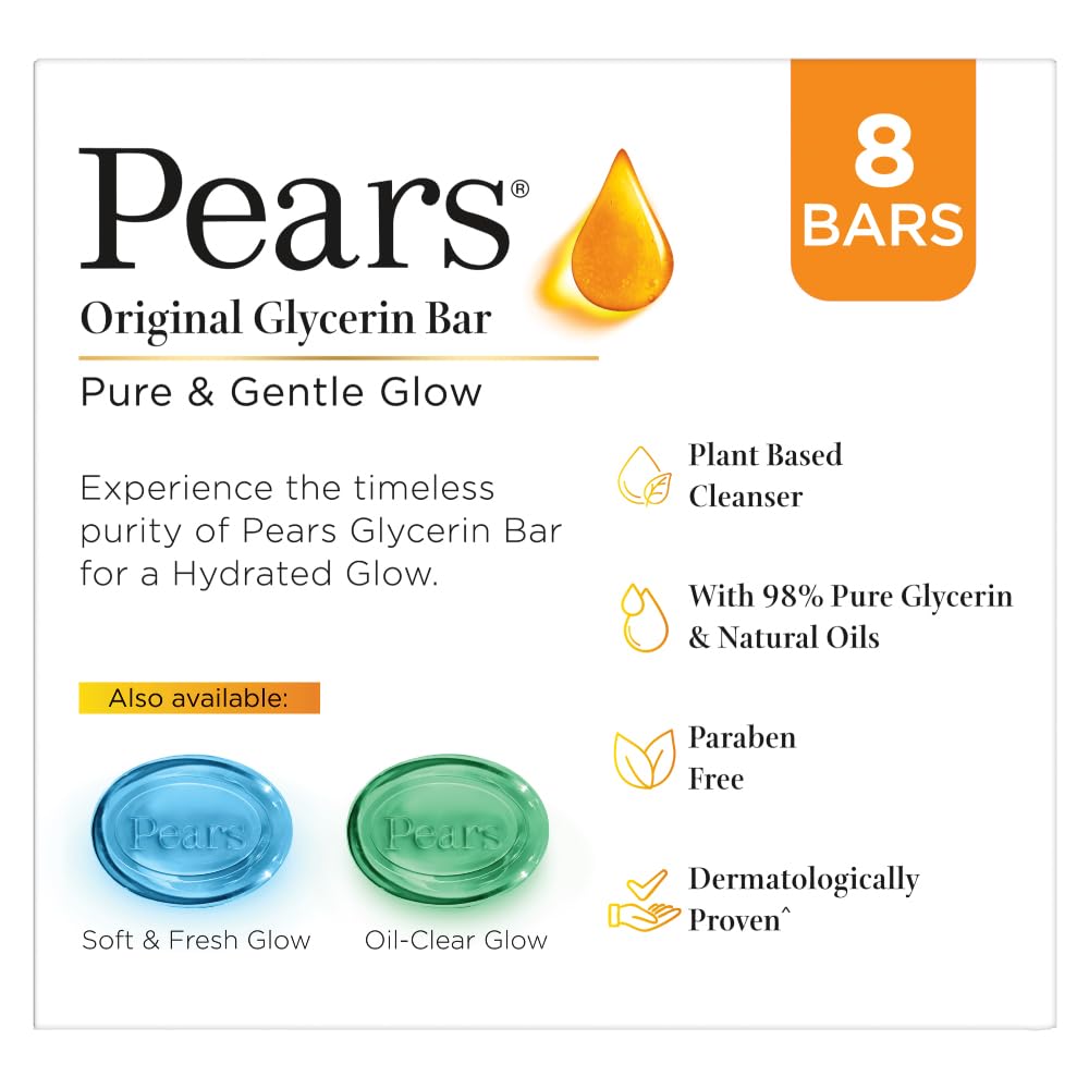 Pears Original Glycerin Soap Bar - Pure & Gentle Glow | With 98% Pure Glycerin | For Hydration & Glow | With Plant Based Cleanser for Skin & Body | Paraben-free | 125gms x 8