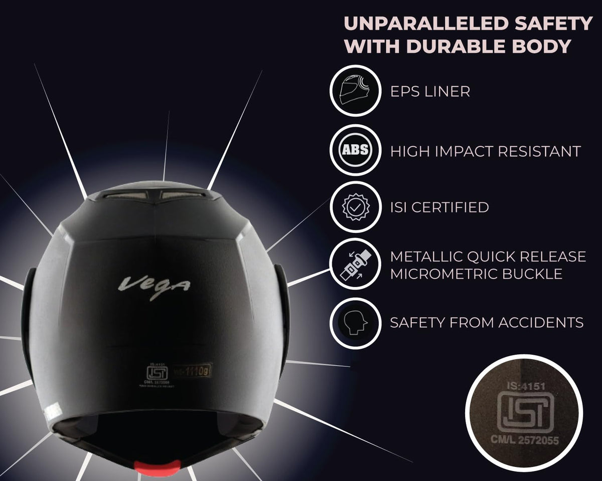 Vega Crux ISI Certified Flip-Up Helmet for Men and Women with Clear Visor(Black, Size:L)