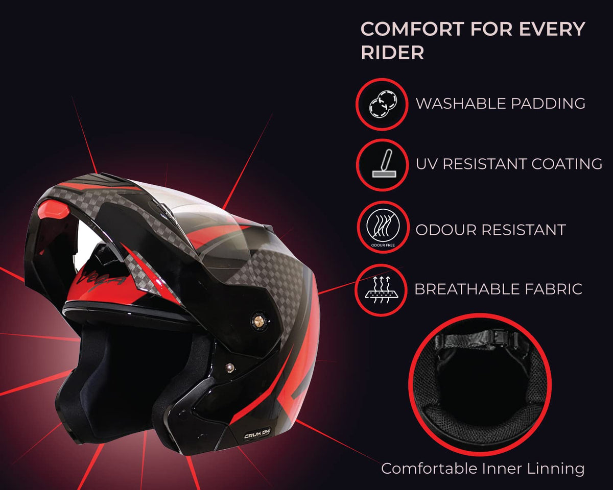 Vega Crux ISI Certified Flip-Up Helmet for Men and Women with Clear Visor(Black, Size:L)