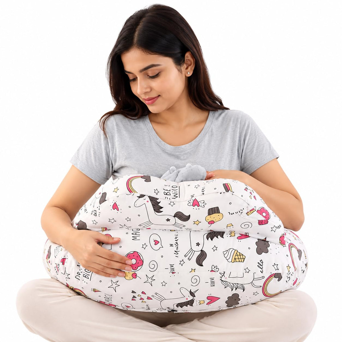 Proliva Feeding Pillow for New Born Baby with Detachable Cover Breast Feeding & Maternity Nursing Pillow for Breastfeeding Support for Baby Feeding Pillow for Mom (Off White-Camel-B2)