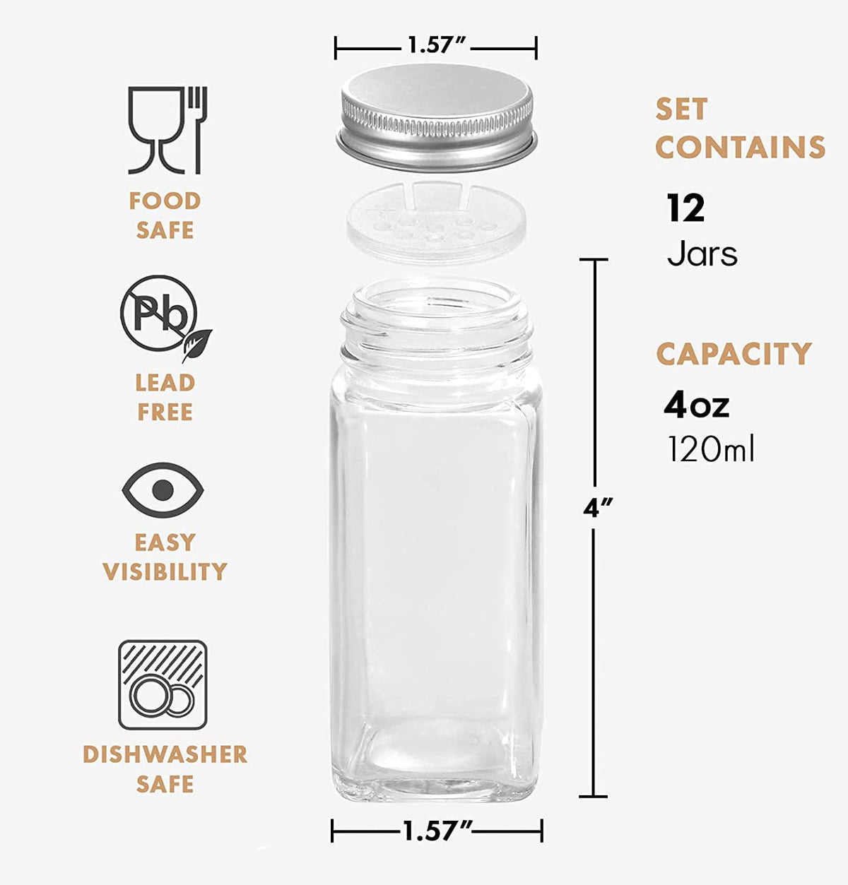KITOME Empty Glass Spice Jars, 120ml Square Airtight Seasoning Bottles Set of 12 with Shaker Lids, Metal Caps, 24 Labels, Chalk Marker, Silicone Funnel & Brush – BPA Free Masala Dabba, Kitchen Storage