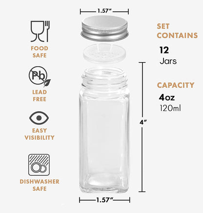 KITOME Empty Glass Spice Jars, 120ml Square Airtight Seasoning Bottles Set of 12 with Shaker Lids, Metal Caps, 24 Labels, Chalk Marker, Silicone Funnel & Brush – BPA Free Masala Dabba, Kitchen Storage