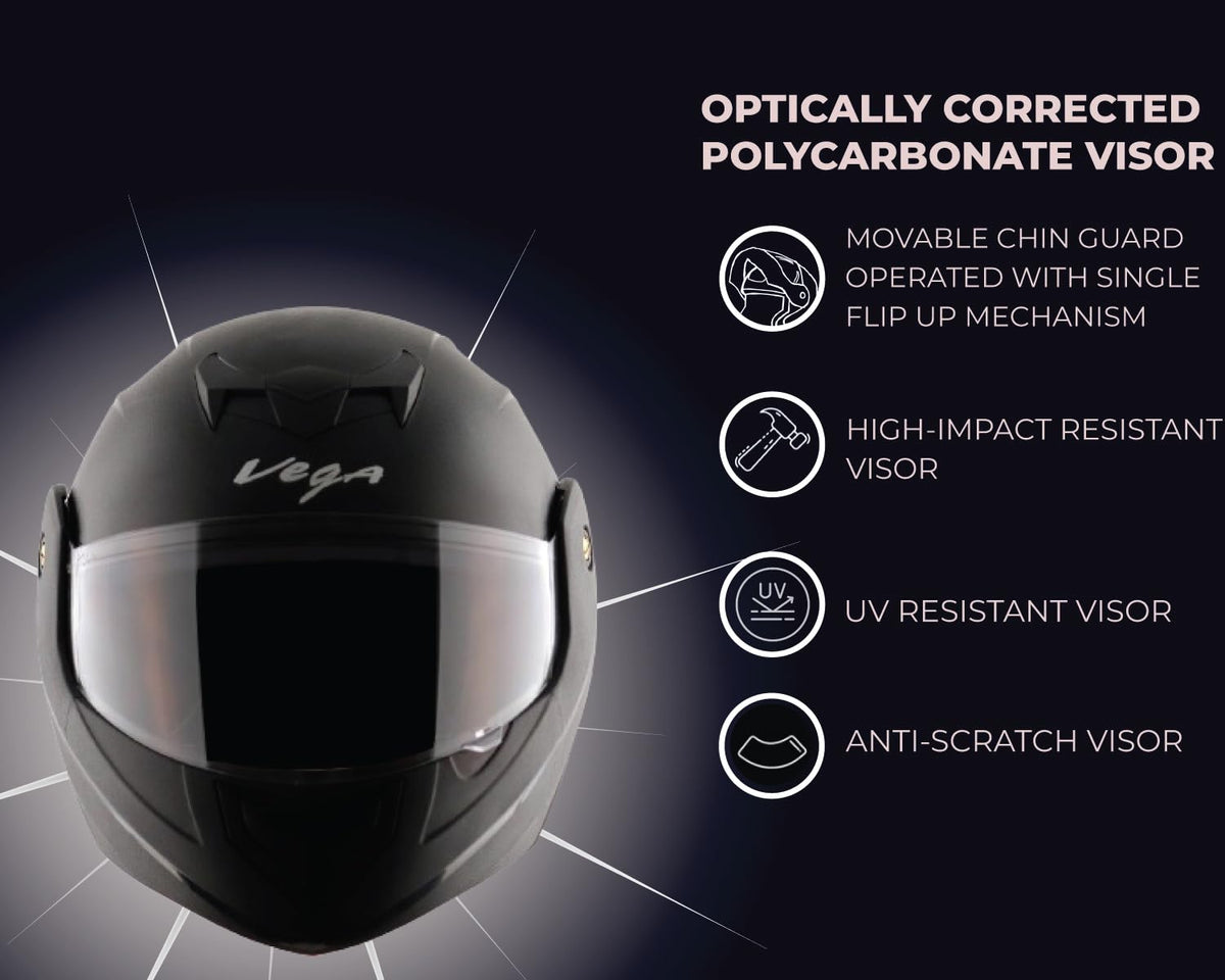 Vega Crux ISI Certified Flip-Up Helmet for Men and Women with Clear Visor(Black, Size:L)