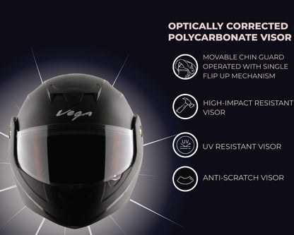 Vega Crux ISI Certified Flip-Up Helmet for Men and Women with Clear Visor(Black, Size:L)