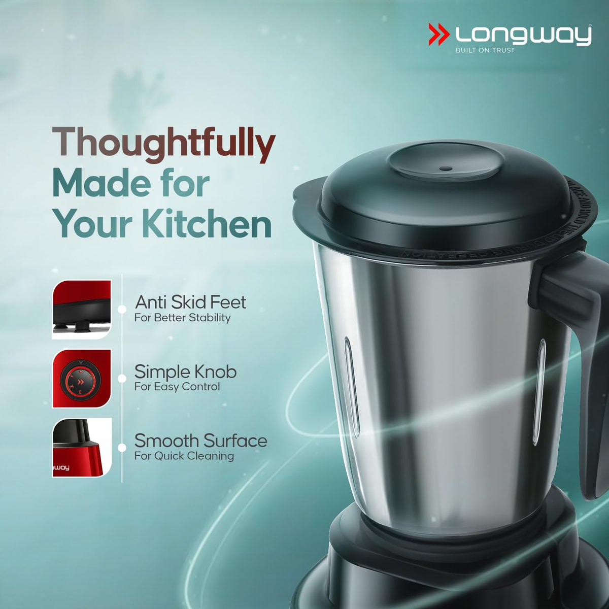 Longway Super Pro Juicer Mixer Grinder | Up to 750W Max Output Powerful Motor | 4 Jars for Grinding, Mixing, Juicing | 2 Years Warranty (Blue & Black)