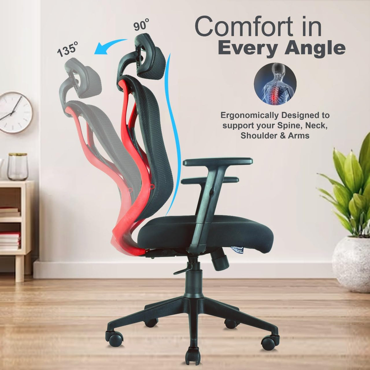 ASTRIDE Ergofit Ergonomic Office Chair for Home | 3-Years Warranty | 2D Headrest, Adjustable Arms & Lumbar Support | Tilt Lock Mechanism [Heavy Duty Nylon Base, Red-Black]