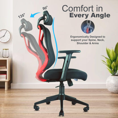 ASTRIDE Ergofit Ergonomic Office Chair for Home | 3-Years Warranty | 2D Headrest, Adjustable Arms & Lumbar Support | Tilt Lock Mechanism [Heavy Duty Nylon Base, Red-Black]
