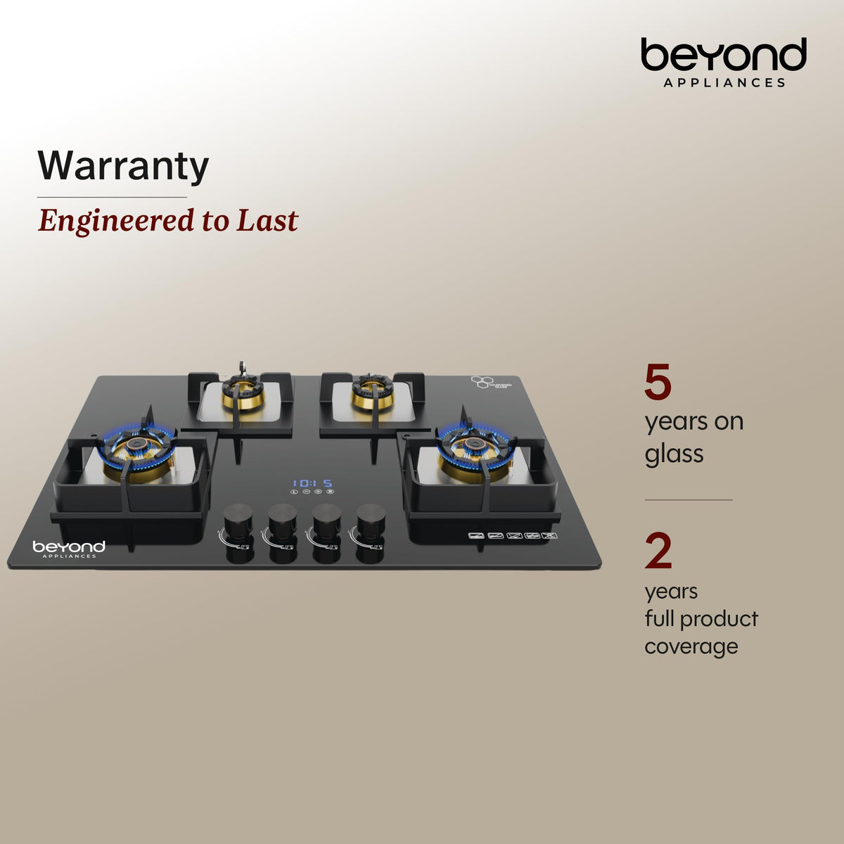 Beyond Appliances Altair 4 Burner Smart Glass Hobtop Gas Stove | Auto Ignition | Digital Timer | Flame Failure Device | Jumbo Burner | Toughened Glass | LPG & PNG Compatible