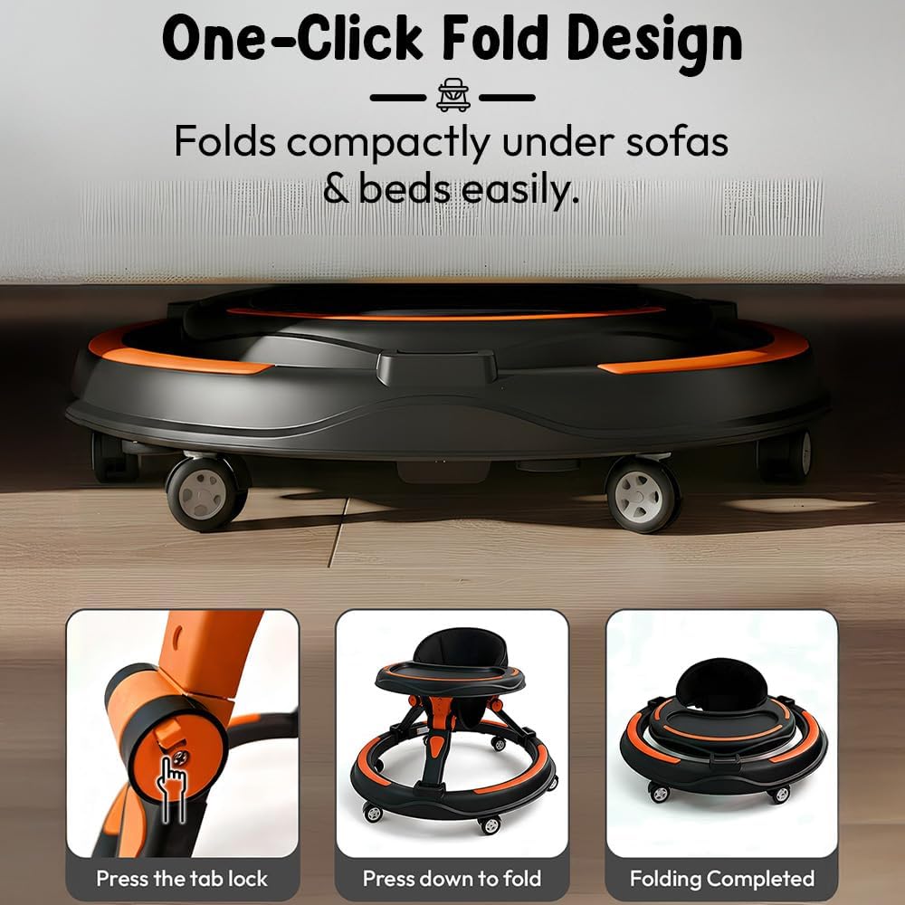 StarandDaisy Baby Walker for Babies, 6-18 Month Baby Boy & Girl, Adjustable Height Infant Learning Walker with 360° Wheels, Anti-Slip, Comfortable Padded Seat, Activity Tray, Foldable Toddler Walker (Orange-Black)