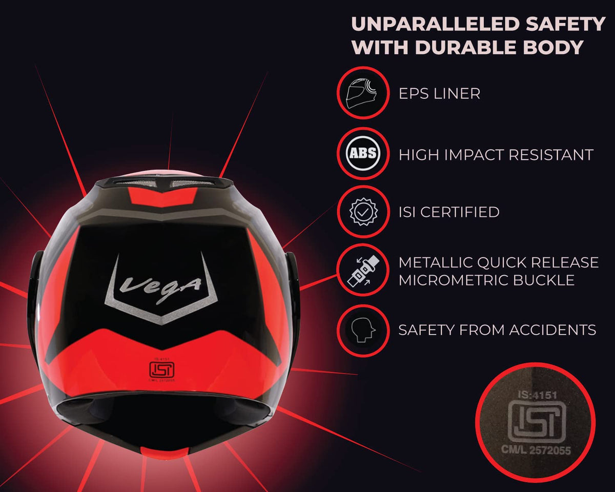 Vega Crux ISI Certified Flip-Up Helmet for Men and Women with Clear Visor(Black, Size:L)