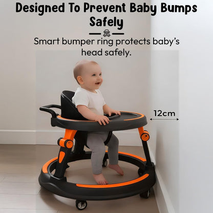 StarandDaisy Baby Walker for Babies, 6-18 Month Baby Boy & Girl, Adjustable Height Infant Learning Walker with 360° Wheels, Anti-Slip, Comfortable Padded Seat, Activity Tray, Foldable Toddler Walker (Orange-Black)