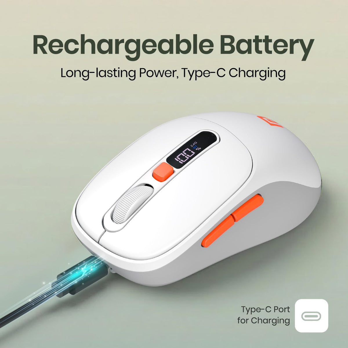 Portronics Toad 9 Wireless Bluetooth Mouse with Dual Wireless (BT + 2.4 GHz), Smart LED Display, Rechargeable Battery, Forward & Back Button, Multi-Device Pair, Upto 4800 Dpi Sensitivity(White)