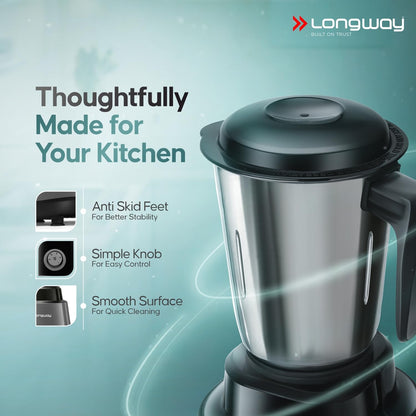 Longway Super Pro Juicer Mixer Grinder | Up to 750W Max Output Powerful Motor | 4 Jars for Grinding, Mixing, Juicing | 2 Years Warranty (Blue & Black)
