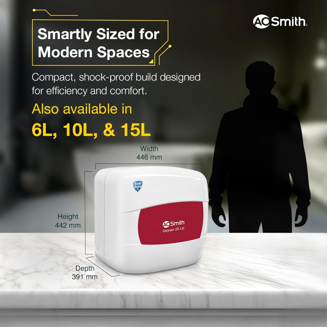 AO Smith Geyser 25 Litre 5 Star Rating (BEE) | Powerful 2KW Heating | Storage Water Heater With 2X Corrosion Resistant Blue Diamond Glass Tank | Warranty: 5 Yr Tank, 2 Yr Comprehensive | HSE-SHS-025