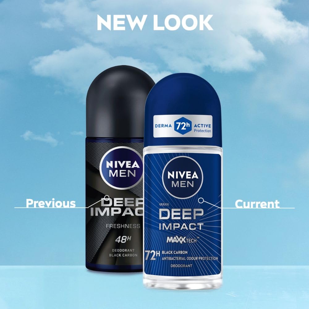 NIVEA MEN Deep Impact Freshness Underarm Roll On Deodorant for Men with Black Carbon | Long Lasting Antiperspirant Roll On for Body Odour Control | Alcohol Free Underarm Deodorant Roll On 50ml