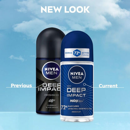 NIVEA MEN Deep Impact Freshness Underarm Roll On Deodorant for Men with Black Carbon | Long Lasting Antiperspirant Roll On for Body Odour Control | Alcohol Free Underarm Deodorant Roll On 50ml