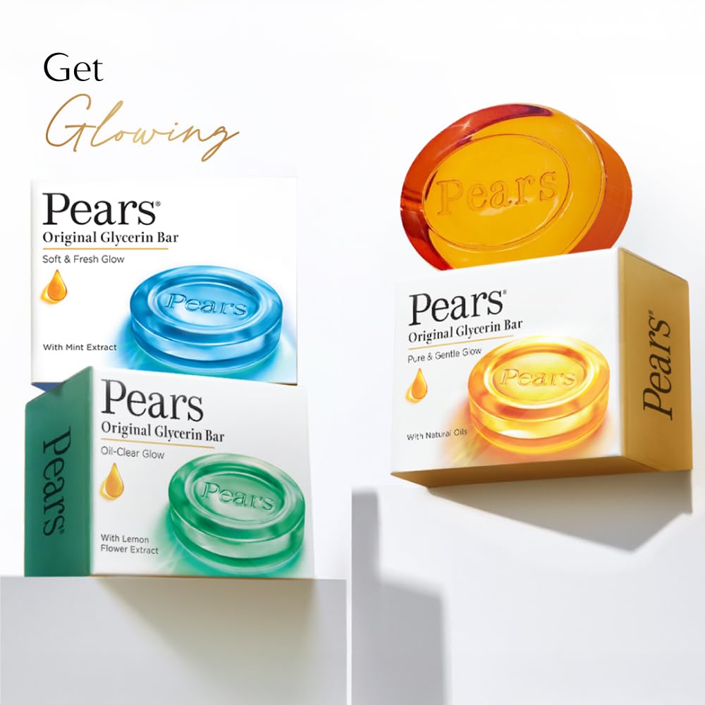 Pears Original Glycerin Soap Bar - Pure & Gentle Glow | With 98% Pure Glycerin | For Hydration & Glow | With Plant Based Cleanser for Skin & Body | Paraben-free | 125gms x 8
