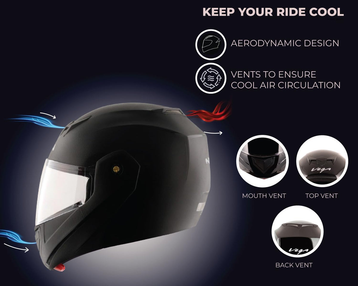 Vega Crux ISI Certified Flip-Up Helmet for Men and Women with Clear Visor(Black, Size:L)