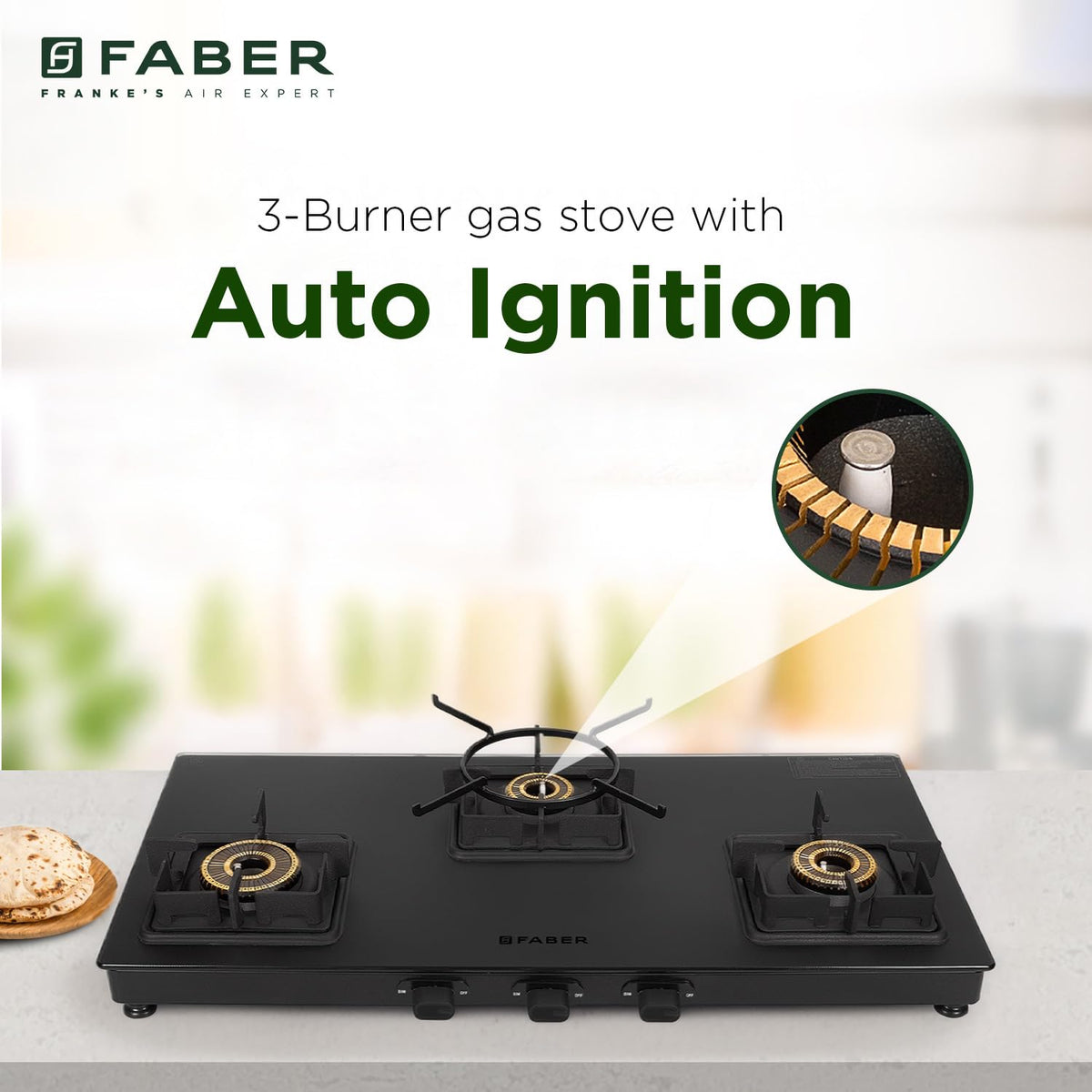 Faber Blossom Black Matt Glass Finish Cooktop| 4 Brass Burners-1Jumbo, 2Medium & 1Small |Manual Ignition | Heavy Pan Support With ABS Knobs | 5Yr Warranty on Glass & Burners by Faber| Blossom4BB BK CI